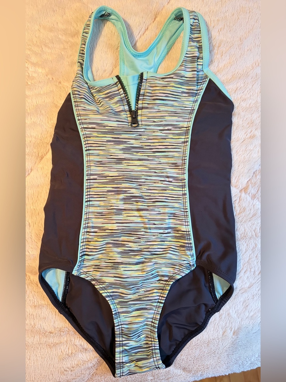 ZeroXposur Girls One-Piece Swimsuit in Aqua, Black and Lime Stripe
